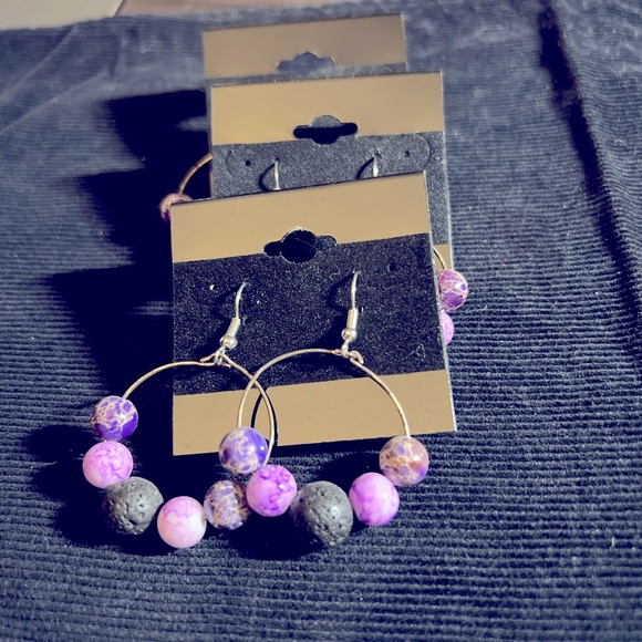 Essential Diffuser Hoop Earrings black & pink agate beads and stones Handmade - Picture 2 of 3